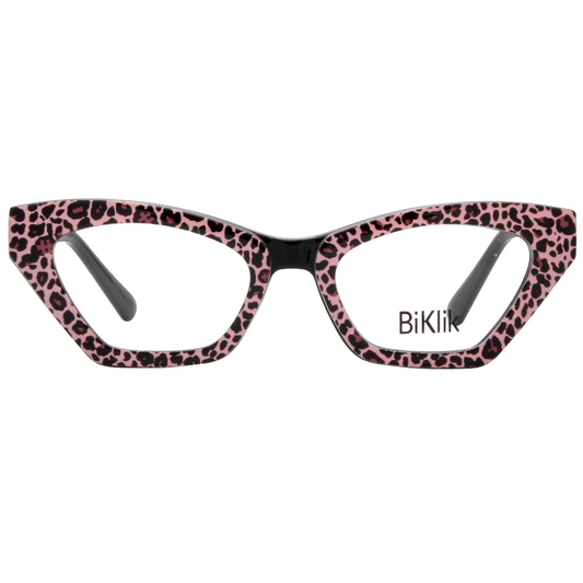 Cat-eye glasses with pink leopard print frame on a white background