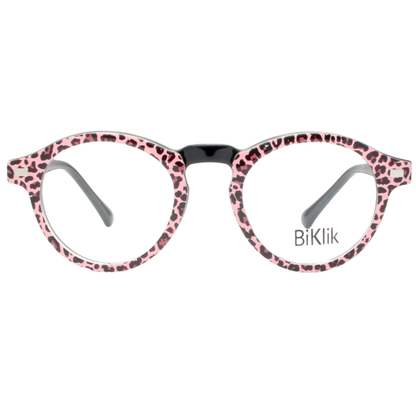 Pink leopard print eyeglasses with gray temples on a white background