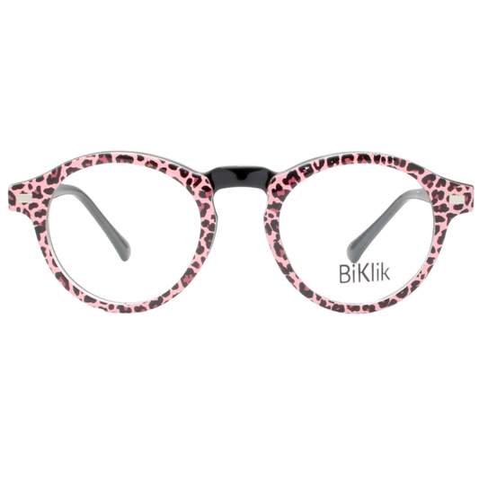 Pink leopard print eyeglasses with gray temples on a white background