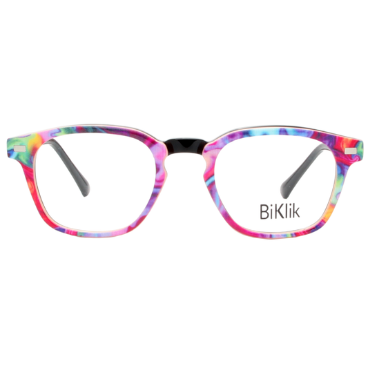 Multicolored eyeglasses with 'BiKlik' branding on a white background
