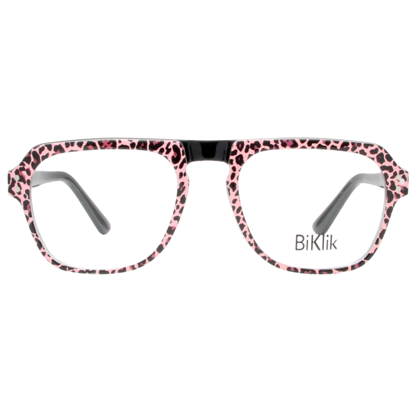 Pink leopard print eyeglasses with gray temples on a white background, featuring the brand 'BiKlik'.