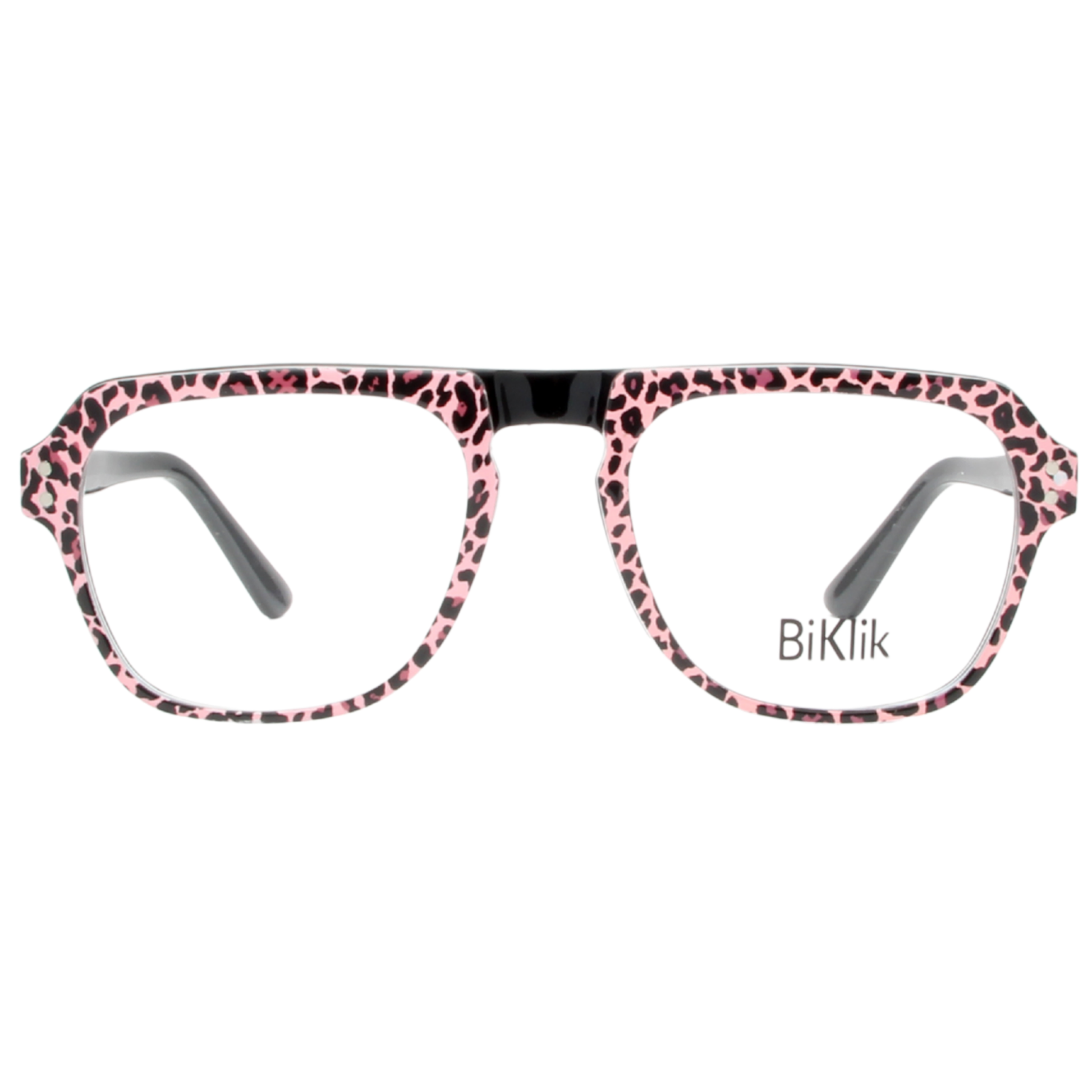 Pink leopard print eyeglasses with gray temples on a white background, featuring the brand 'BiKlik'.