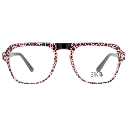 Pink leopard print eyeglasses with gray temples on a white background, featuring the brand 'BiKlik'.