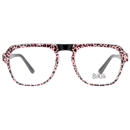 Pink leopard print eyeglasses with gray temples on a white background, featuring the brand 'BiKlik'.