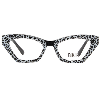 Cat-eye glasses with leopard print frame on a white background
