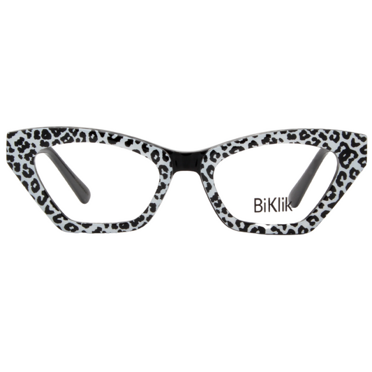 Cat-eye glasses with leopard print frame on a white background