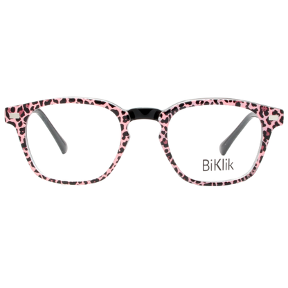 Pink and black leopard print eyeglasses with 'BiKlik' branding on a white background