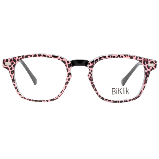 Pink and black leopard print eyeglasses with 'BiKlik' branding on a white background