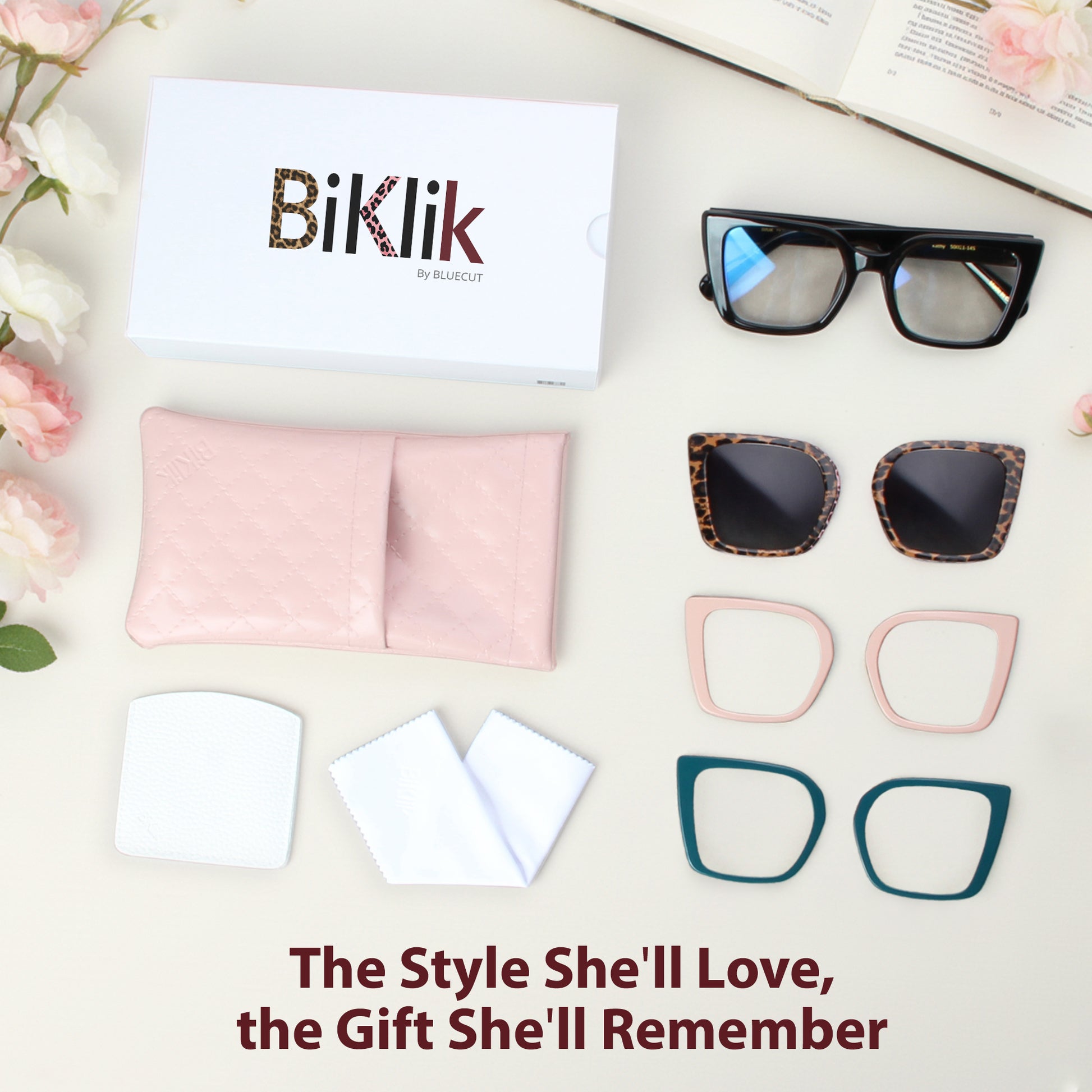 Sunglasses, pink case, and eyeglass frames with 'Biklik' branding on a light surface.