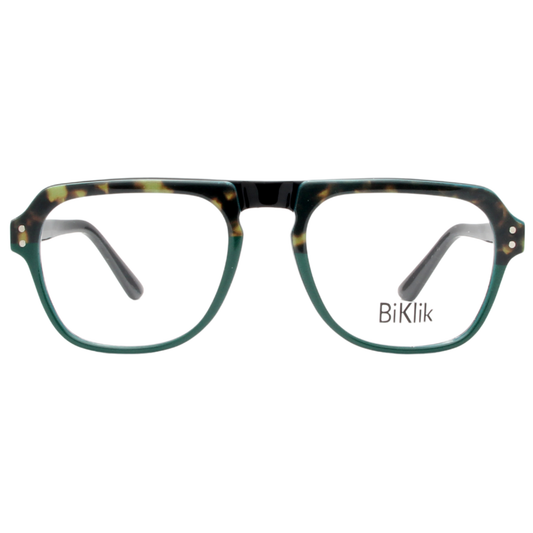 Green eyeglasses with tortoiseshell accents on a white background, featuring the brand 'BiKlik'.