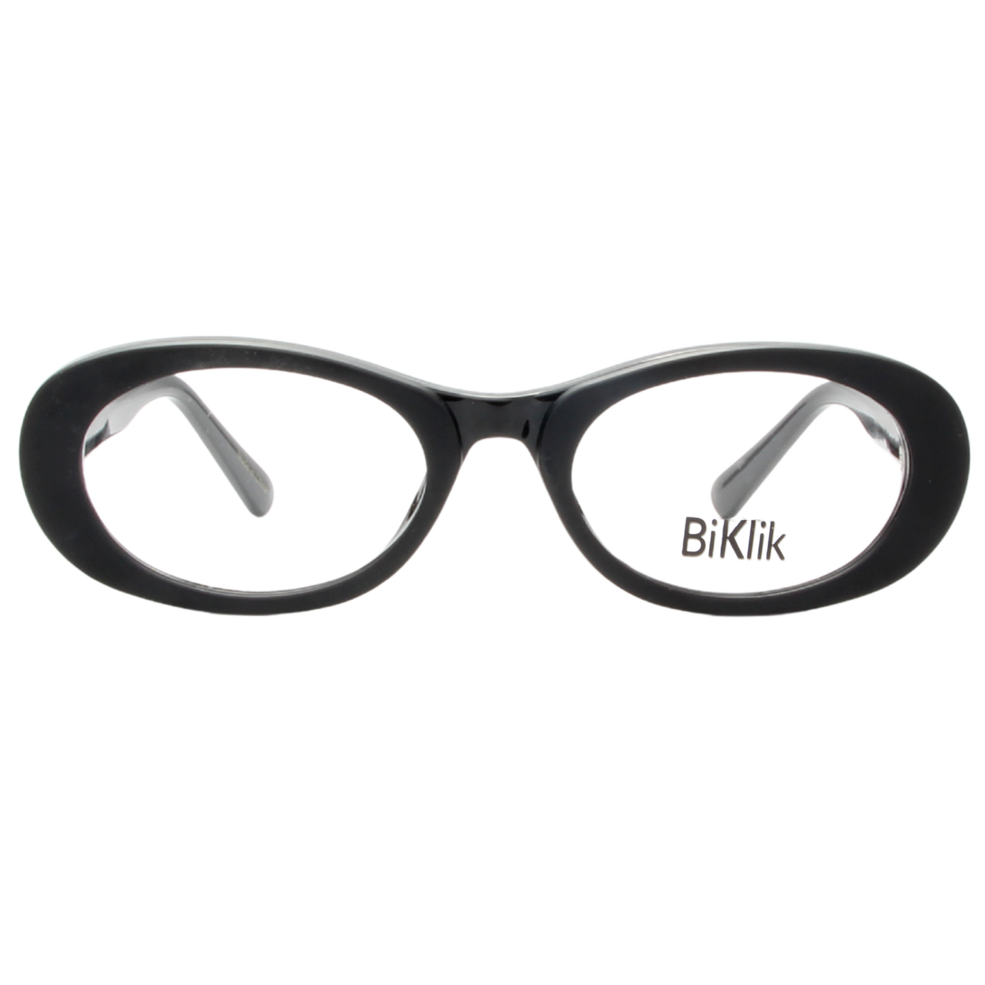 Black eyeglasses with 'Biklik' branding on a white background