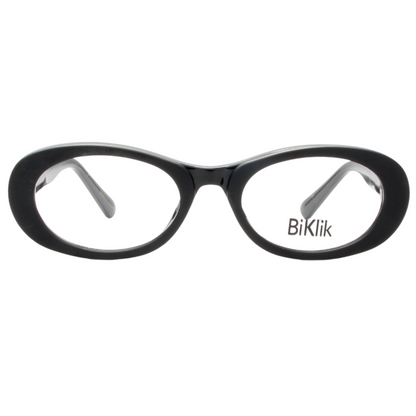 Black eyeglasses with 'Biklik' branding on a white background