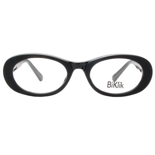 Black eyeglasses with 'Biklik' branding on a white background
