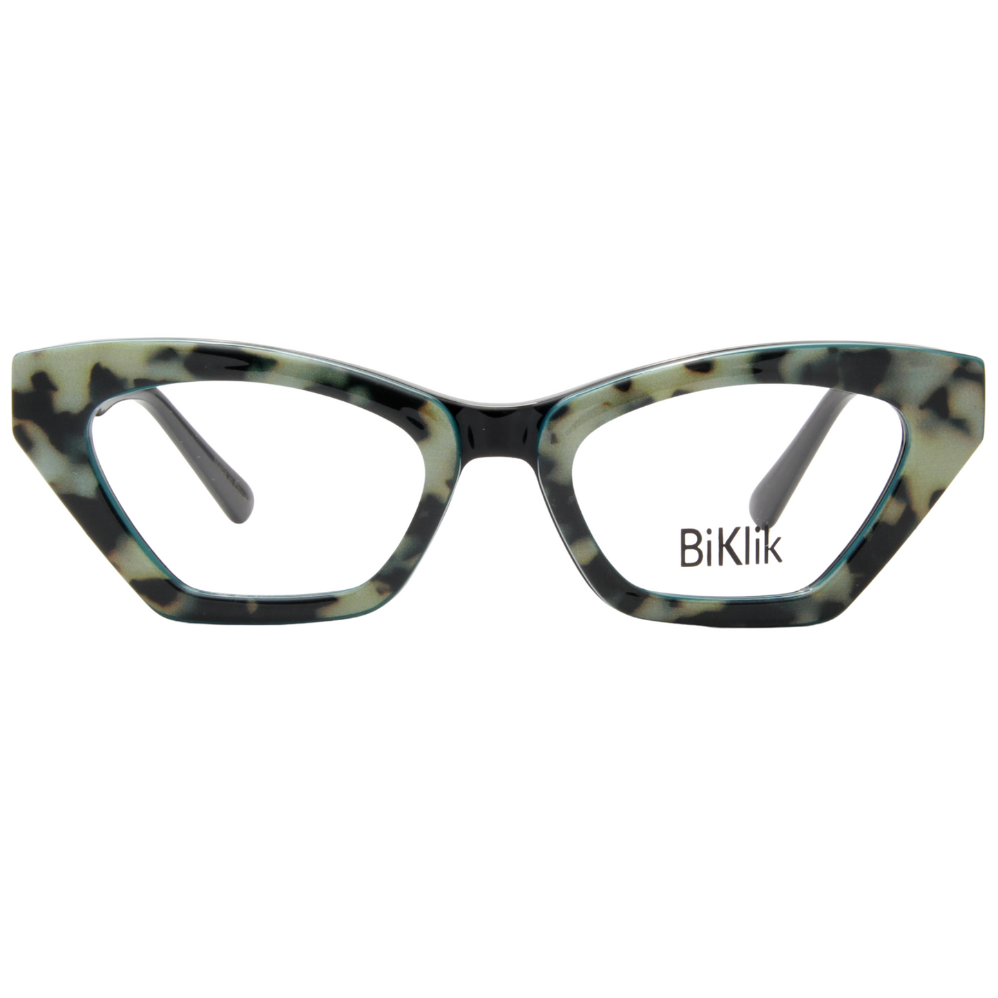 Cat-eye glasses with a tortoiseshell pattern on a white background, featuring the brand 'BiKlik'.