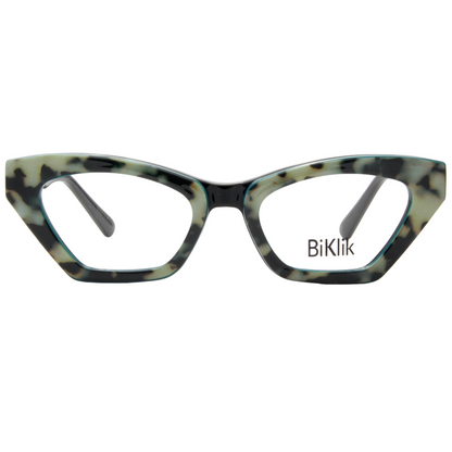 Cat-eye glasses with a tortoiseshell pattern on a white background, featuring the brand 'BiKlik'.