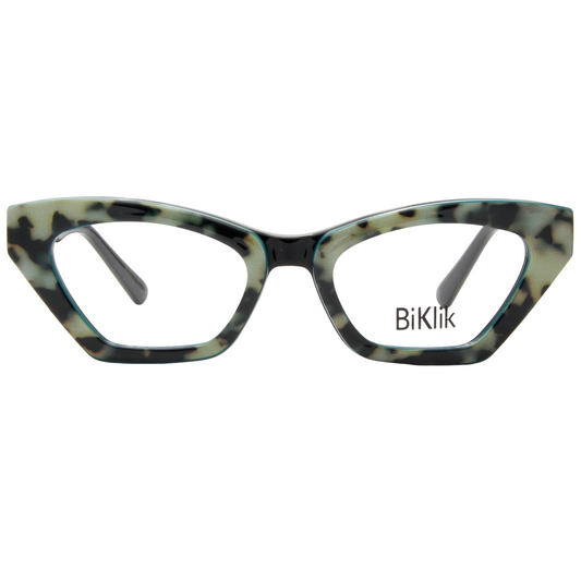 Cat-eye glasses with a tortoiseshell pattern on a white background, featuring the brand 'BiKlik'.