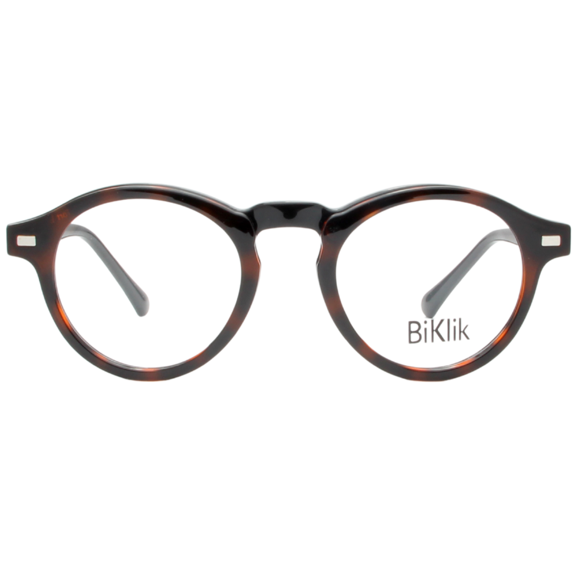 Round eyeglasses with tortoiseshell frame on a white background, featuring the brand 'BiKlik'.