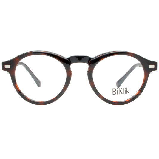 Round eyeglasses with tortoiseshell frame on a white background, featuring the brand 'BiKlik'.