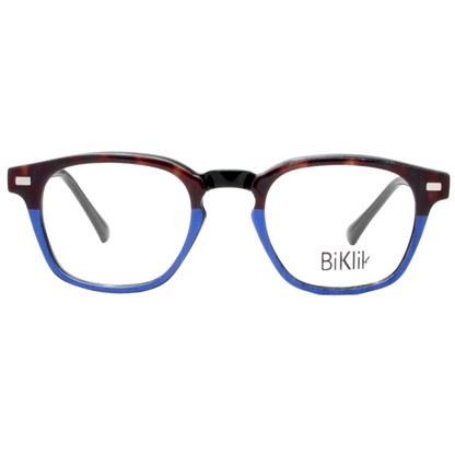 Eyeglasses with a tortoiseshell and blue frame on a white background