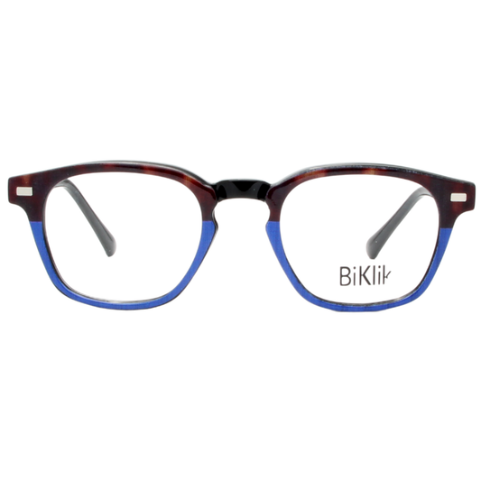Eyeglasses with a tortoiseshell and blue frame on a white background