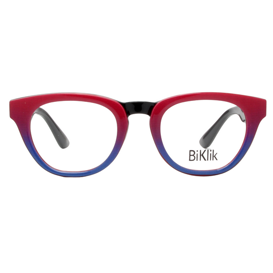 Red and blue eyeglasses with 'BiKlik' branding on a white background