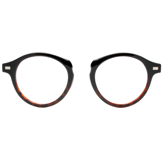 Round eyeglasses with black and red frame on a white background