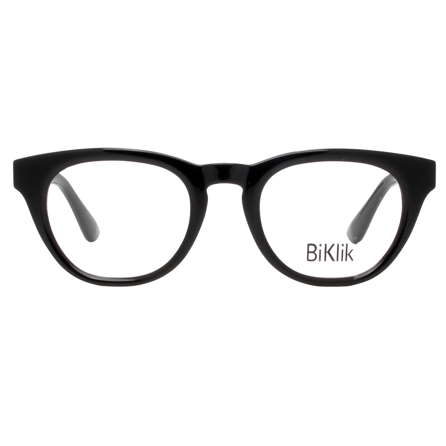 Black eyeglasses with 'BiKlik' branding on a white background