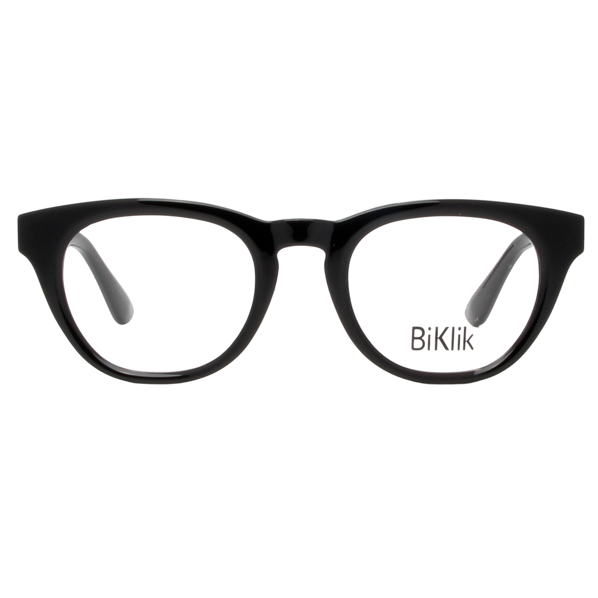 Black eyeglasses with 'BiKlik' branding on a white background