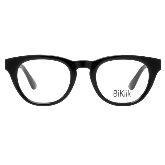 Black eyeglasses with 'BiKlik' branding on a white background