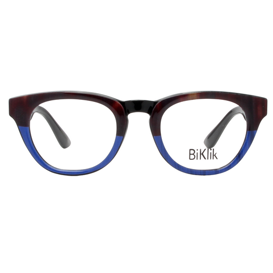Eyeglasses with tortoiseshell frame and blue accents on a white background
