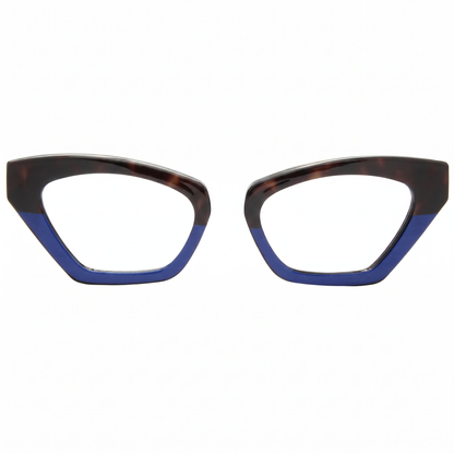 Cat-eye glasses with tortoiseshell frame and blue interior on a white background