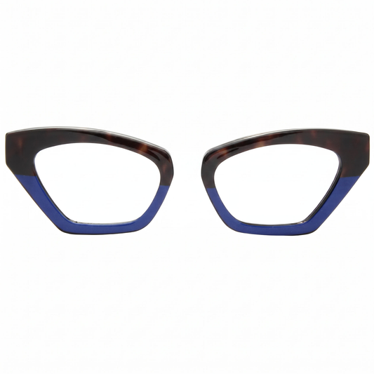 Cat-eye glasses with tortoiseshell frame and blue interior on a white background
