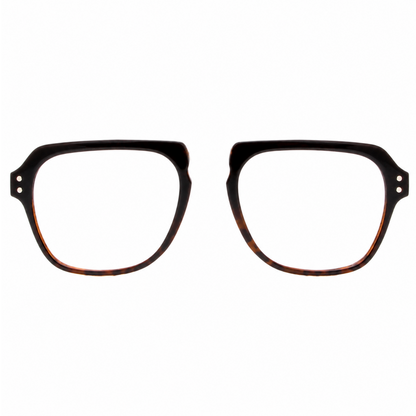 Pair of eyeglasses with a tortoiseshell frame on a white background