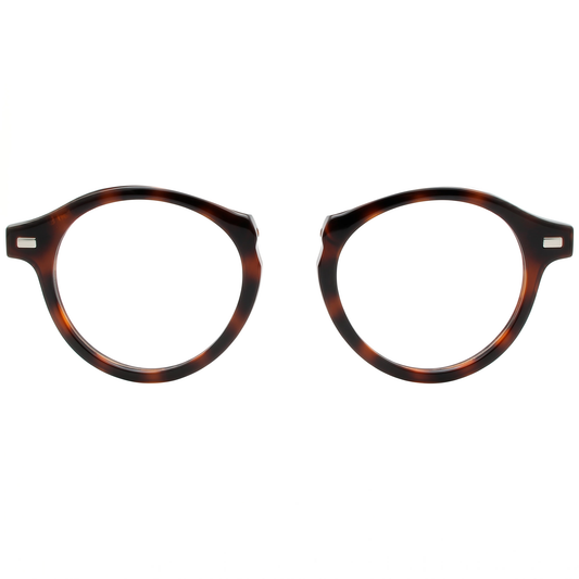 Round tortoiseshell eyeglasses on a white background