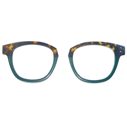 Pair of cat-eye glasses with a blue and gold frame on a white background