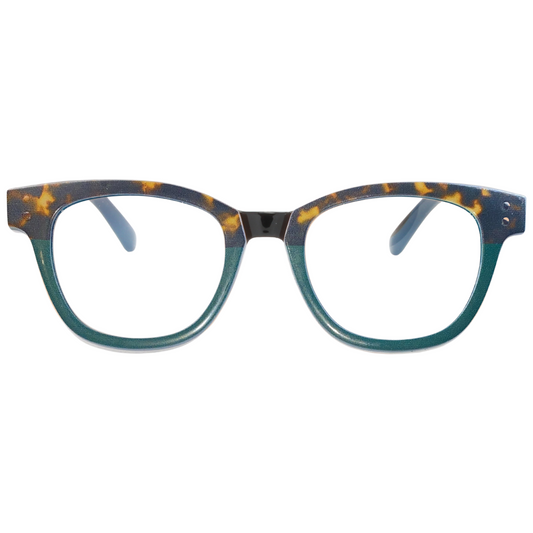 Blue and tortoiseshell cat-eye glasses on a white background