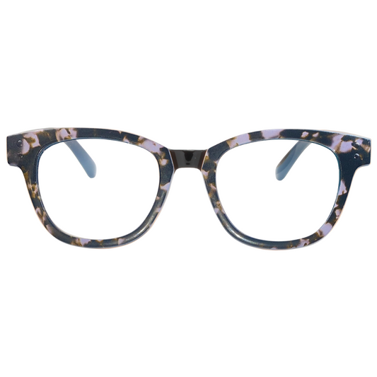 Blue and black tortoiseshell glasses on a white background
