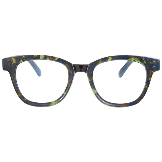 Blue and green tortoiseshell eyeglasses on a white background