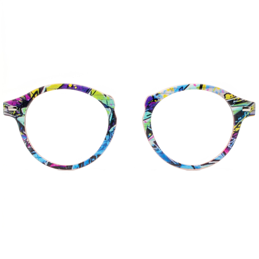 Colorful eyeglass frames on a white background