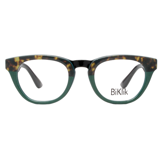 Cat-eye glasses with tortoiseshell and green frame on a white background