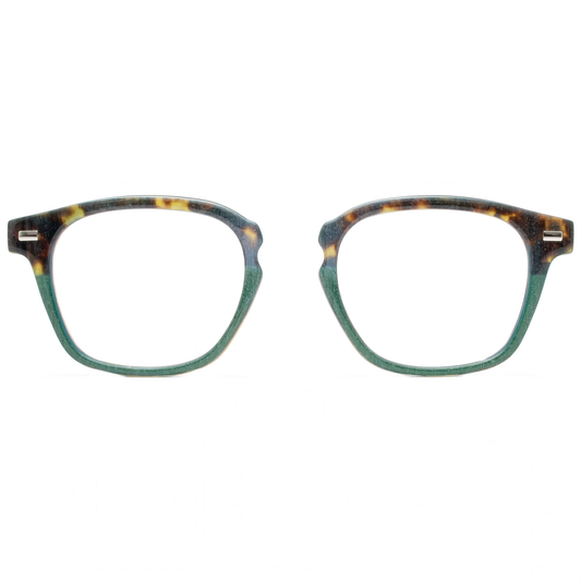 Pair of eyeglasses with a tortoiseshell frame on a white background