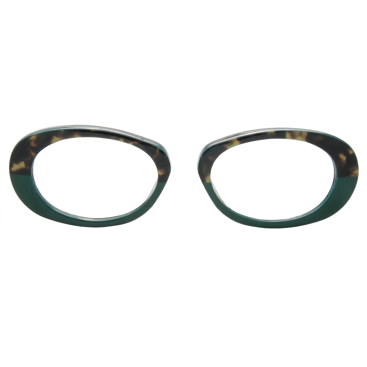 Pair of eyeglass frames with a tortoiseshell pattern on a white background