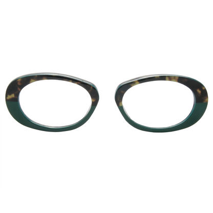 Pair of eyeglass frames with a tortoiseshell pattern on a white background