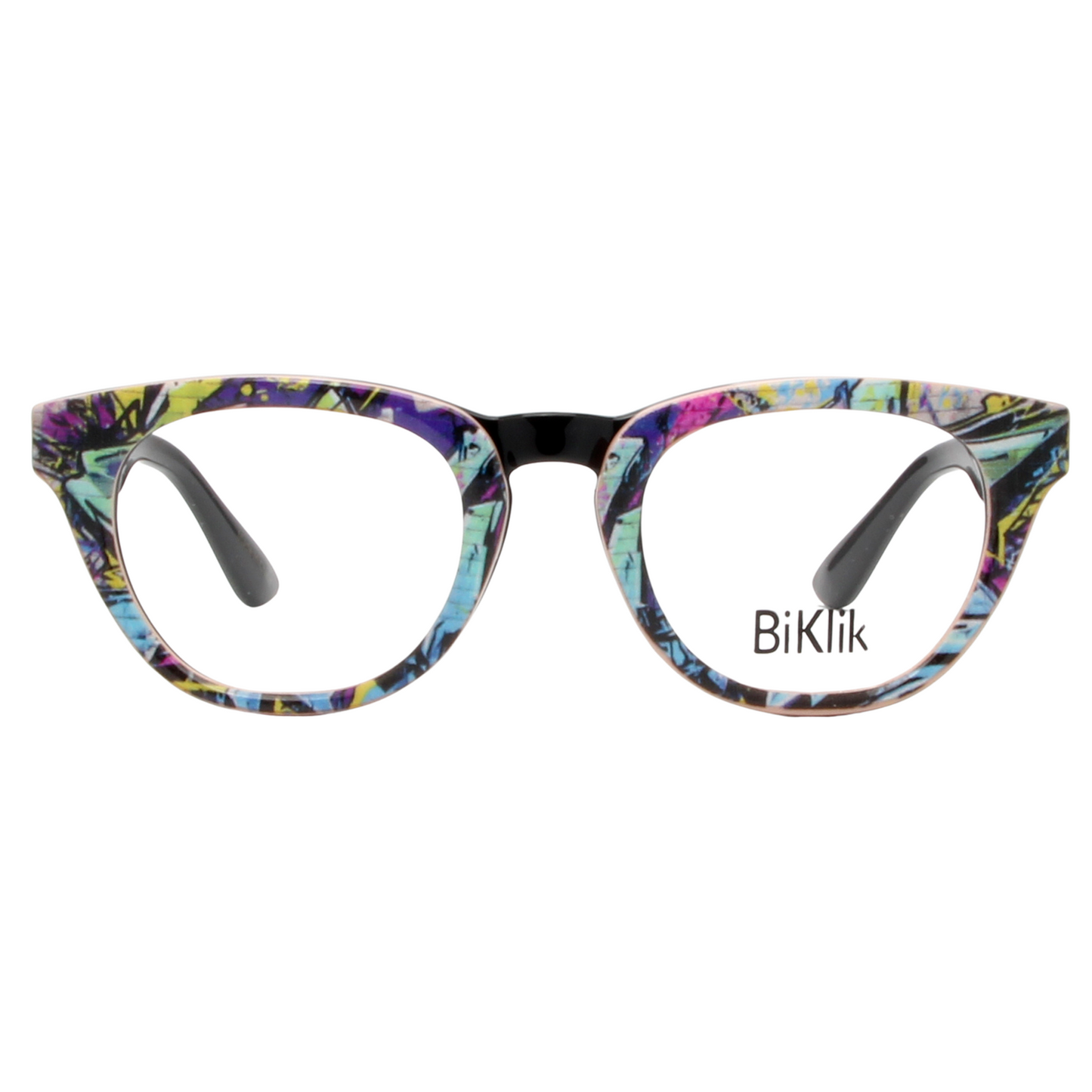 Colorful cat-eye glasses with 'BiKlik' branding on a white background