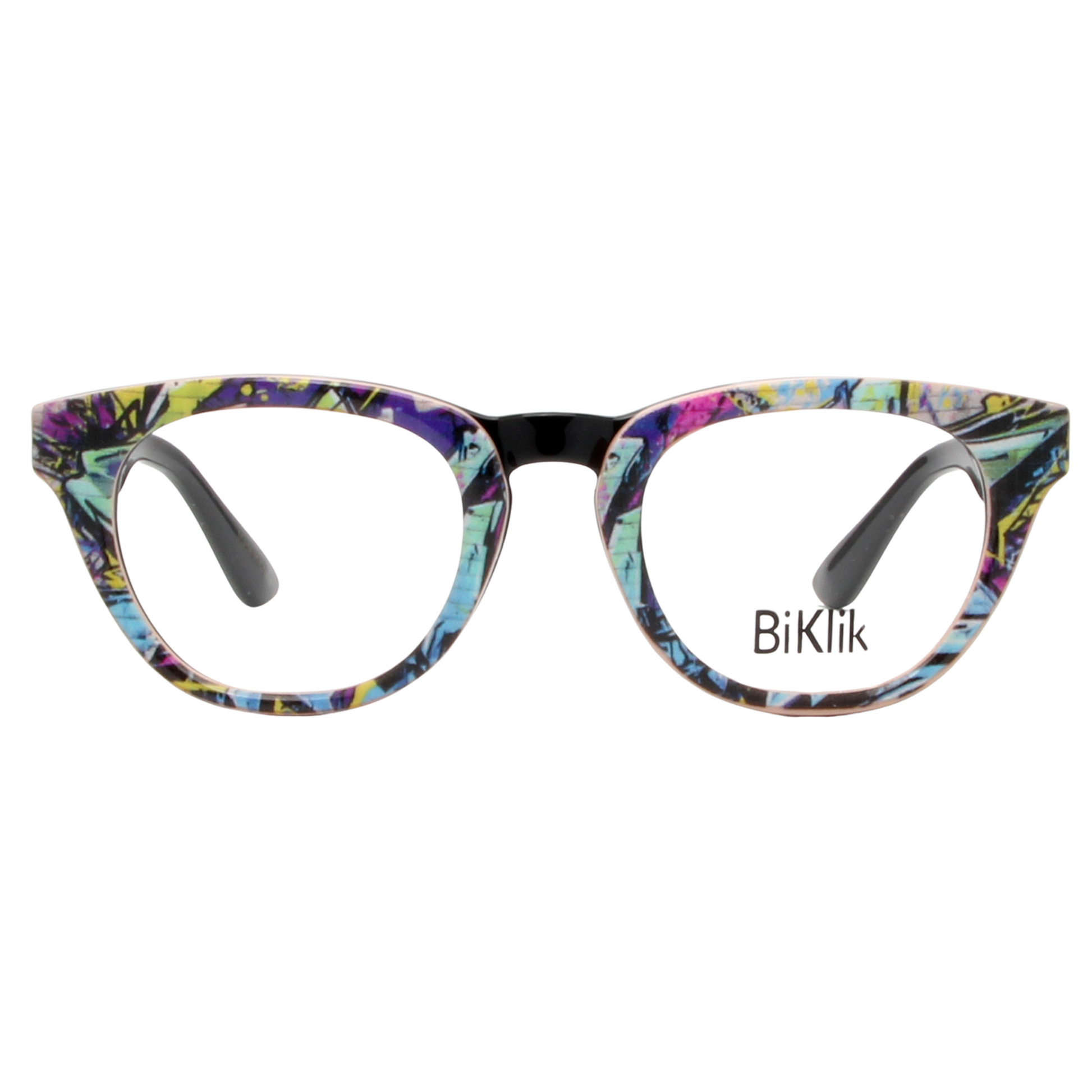 Colorful cat-eye glasses with 'BiKlik' branding on a white background