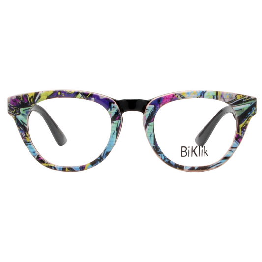 Colorful cat-eye glasses with 'BiKlik' branding on a white background