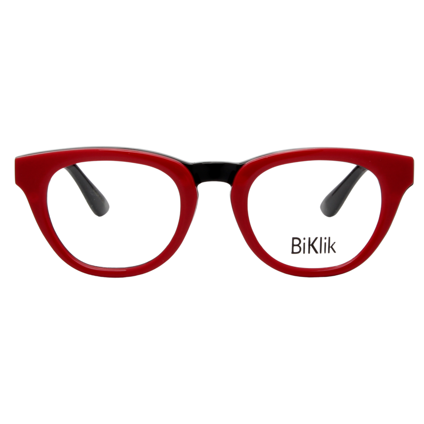 Red and black eyeglasses with 'BiKlik' branding on a white background