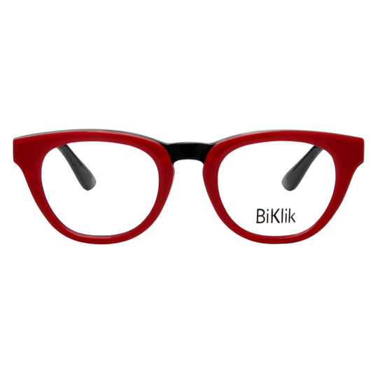 Red and black eyeglasses with 'BiKlik' branding on a white background