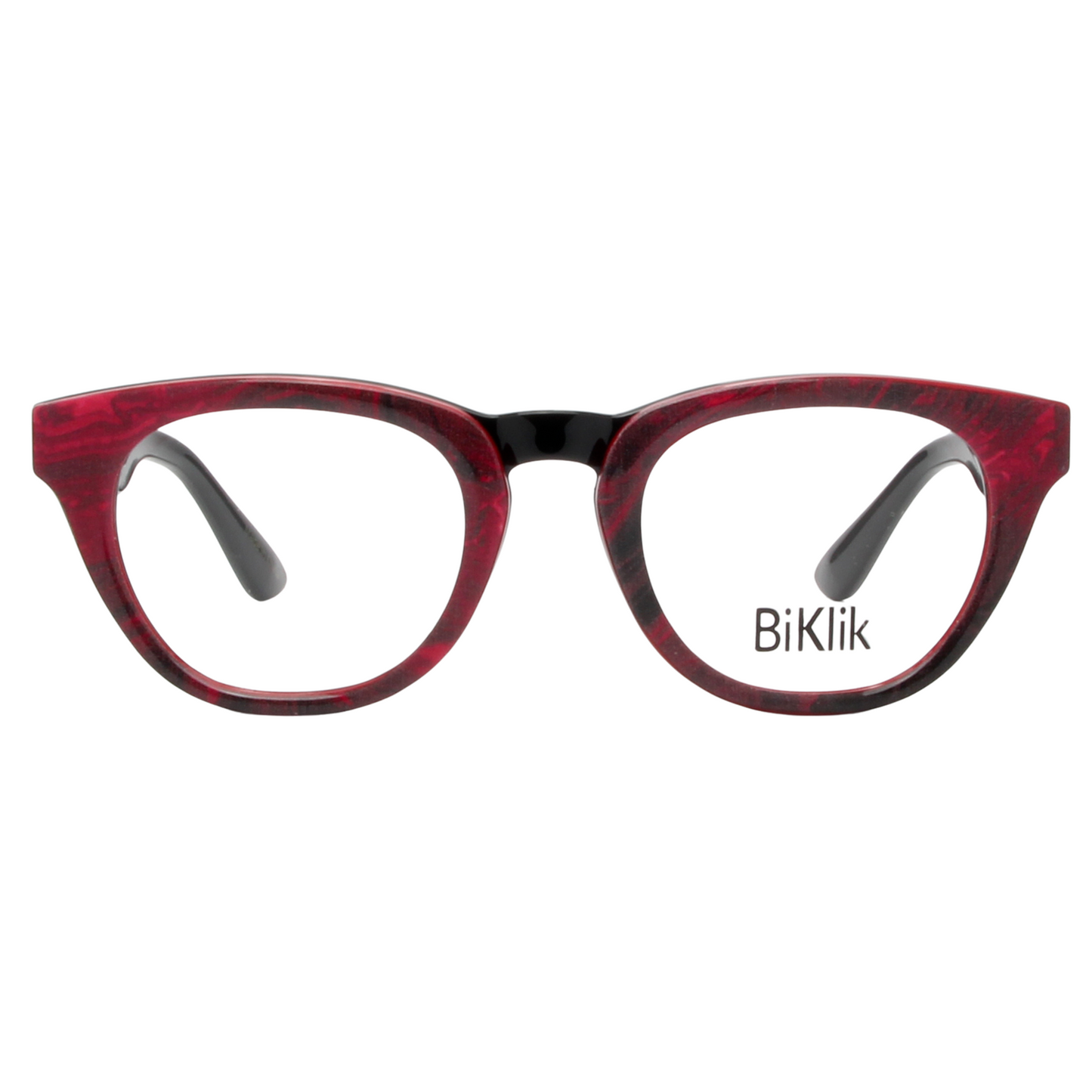Red and black cat-eye glasses with 'BiKlik' branding on a white background
