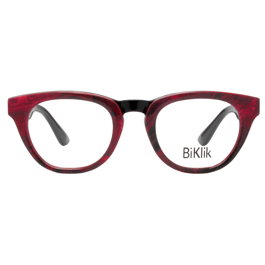 Red and black cat-eye glasses with 'BiKlik' branding on a white background